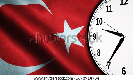 Curfew concept background with Turkey Flag and Clock