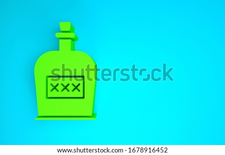 Green Alcohol drink Rum bottle icon isolated on blue background. Minimalism concept. 3d illustration 3D render