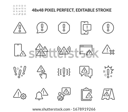 Simple Set of Warnings Related Vector Line Icons. Contains such Icons as Alert, Exclamation Mark, Warning Sign and more. Editable Stroke. 48x48 Pixel Perfect. Royalty-Free Stock Photo #1678919266