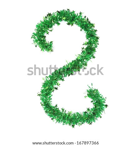 Green tinsel with stars in form of letter S. Isolated on a white background.