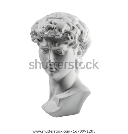 Gypsum statue of David's head. Michelangelo's David statue plaster copy isolated on white background. Ancient greek sculpture, statue of hero Royalty-Free Stock Photo #1678991203