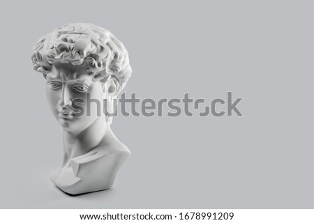 Gypsum statue of David's head. Michelangelo's David statue plaster copy on grey background with copyspace for text. Ancient greek sculpture, statue of hero Royalty-Free Stock Photo #1678991209