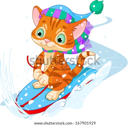 Cute kitten sledding downhill winter snow mountain. Raster version.  (vector file available in my portfolio)