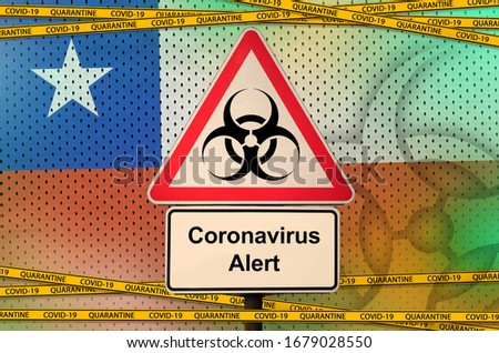 Chile flag and Covid-19 biohazard symbol with quarantine orange tape. Coronavirus or 2019-nCov virus concept