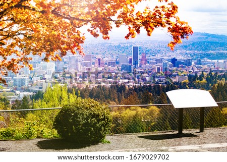 Observation point for panorama of Portland from Macleay Park and Pittock Mansion hill at atutumn, Oregon, USA