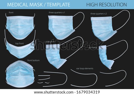 Medical mask isolated on black background, template. Medical mask whith clipping mask. Healthcare and medical concept. Royalty-Free Stock Photo #1679034319