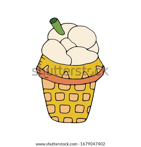 Summer ice dessert. Delicious vanilla ice cream in a waffle cup. Vector hand drawn illustration isolated on white background. Great design for cafe, T-shirt print, sweets shop.