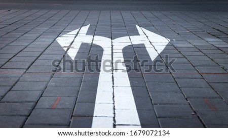 Arrow symbol on forked road. Make choice which way to go. Directional traffic arrow sign on street. Decision concept.  Royalty-Free Stock Photo #1679072134