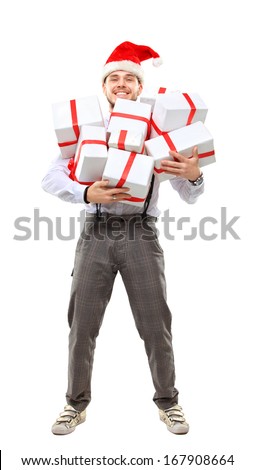 funny christmas man holding many gift boxes over white background