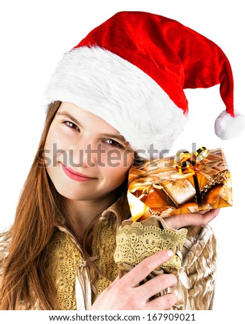 Girl in a Cristmas hat and a gift