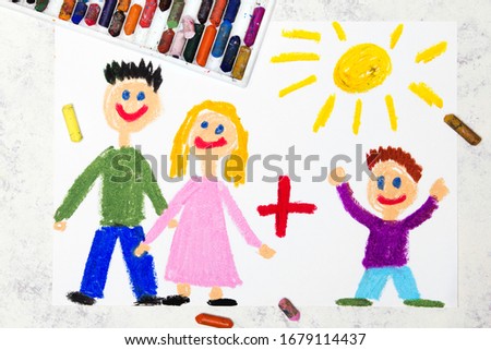 Photo of colorful drawing: Smiling parents plus adopted child