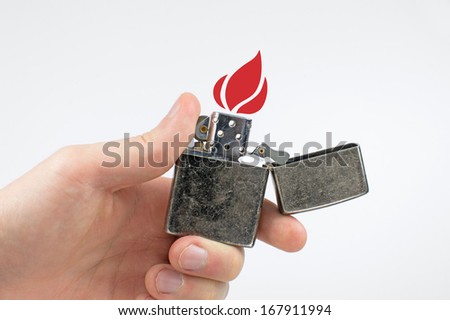 Opened Lighter in hand with cartoon flame 
