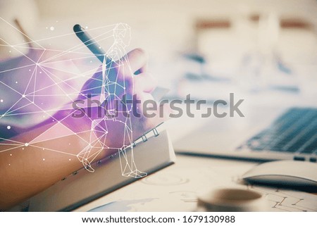 Double exposure of creative drawing over people taking notes background. Concept of startup