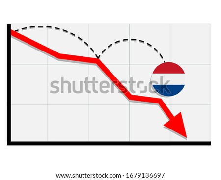 Netherlands flag with red arrow graph going down showing economy recession and shares fall. Crisis, Netherlands economy concept. For topics like global economy, Netherlands economy, banking, finance
