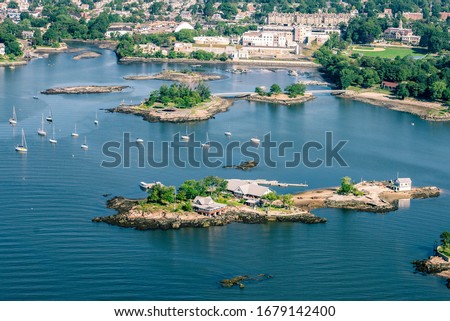 Aerial view of New Rochelle New York harbor and coastline