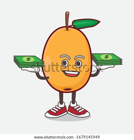 An illustration of Loquat Fruit cartoon mascot character with money on hands