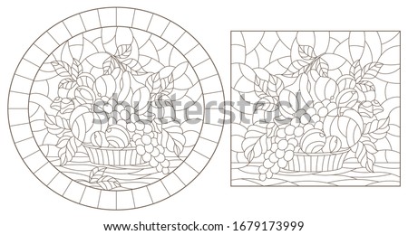 Set of contour illustrations of stained glass Windows with fruit still lifes, dark outlines on a white background
