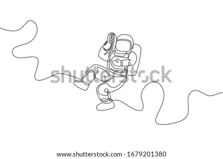 Single continuous line drawing of spaceman holding and eating delicious hot dog in nebula galaxy. Fantasy fiction of outer space life concept. Trendy one line draw graphic design vector illustration