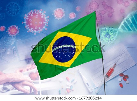 Coronavirus (COVID-19) outbreak and coronaviruses influenza background as dangerous flu strain cases as a pandemic medical health risk. Brazil Flag with corona virus and their prevention. 