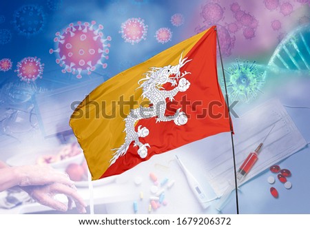 Coronavirus (COVID-19) outbreak and coronaviruses influenza background as dangerous flu strain cases as a pandemic medical health risk. Bhutan Flag with corona virus and their prevention. 