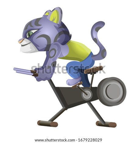 Cute leopard goes in for sports and pedals on a stationary bike. Cartoon character vector illustration isolated on white background