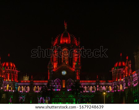 Chhatrapati Shivaji Terminus railway station (CSTM), a UNESCO World Heritage Site in Mumbai, decorated/illuminated in India flag color lights
