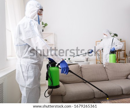 Coronavirus disinfection. People in hazmats making disinfection in flat, copy space, hot steam disinfection Royalty-Free Stock Photo #1679265361