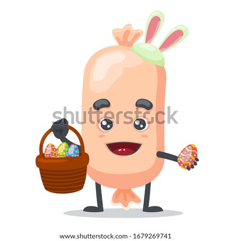 Vector illustration of character or sausage mascot wearing bunny costume and holding basket