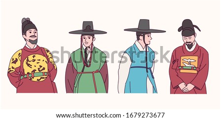 Korean history traditional costume character collection. Kings, servants and noble men. hand drawn style vector design illustrations.  Royalty-Free Stock Photo #1679273677