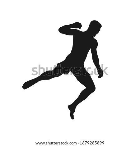 Jumping punch silhouette. Male MMA fighter pose. Martial arts professional athlete. Combat sport exercise training. Fitness gym workout icon symbol or sign - Simple vector black and white illustration