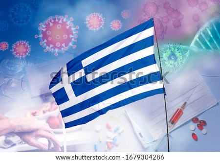 Coronavirus (COVID-19) outbreak and coronaviruses influenza background as dangerous flu strain cases as a pandemic medical health risk. Greece Flag with corona virus and their prevention.