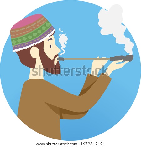 Illustration of a Shaman Man Smoking Ayahuasca Using Pipe