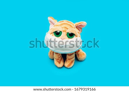 Creative composition with a plush cat or a cat with a viral mask on a blue background. Minimal concept of a corona virus outbreak.  Copy space. Mock up.