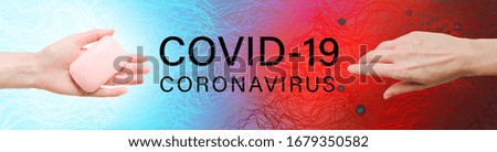 Covid-19 creative concept - Protection of virus. Coronavirus banner design with hand with soap (hygiene product) and dirty hand with microbes (bacteria)  around. Abstract waves on blue, red background