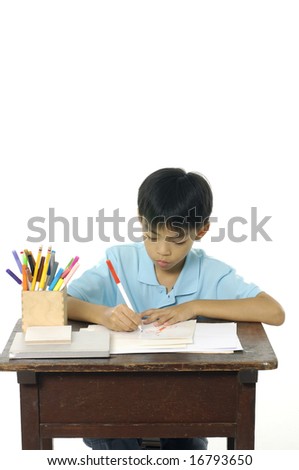 child write in book a over white background