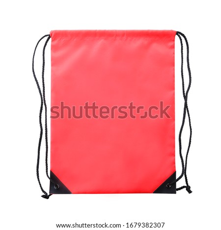 Lush lava red drawstring bag with string at both side. polyester material. Suitable for mock up, advertising, e-commerce & branding purposes. Studio photography in white background. Front view.