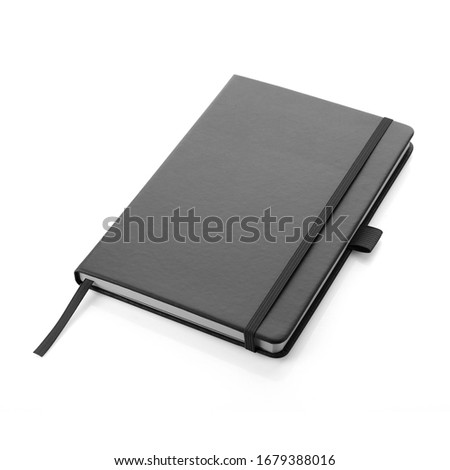 Black colour leather fabric hardcover notebook with elastic band lay back on white surface. Top view with notebook closed. Isolated on white background. For mockup, branding & advertising. No People Royalty-Free Stock Photo #1679388016