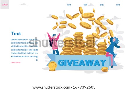 Giveaway enter to win, winners, happy people win a lot of money, golden coins, web template with Gift box