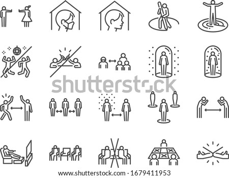 Social distancing line icon set. Included icons as self quarantine, stay home, protection, avoid crowded, space, area and more. Royalty-Free Stock Photo #1679411953