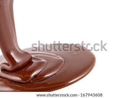 Chocolate flow isolated on white background close up 