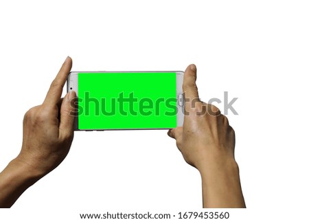 Smartphone in Hands With Green Screen For Copy Space Isolated On White Background. Clipping path