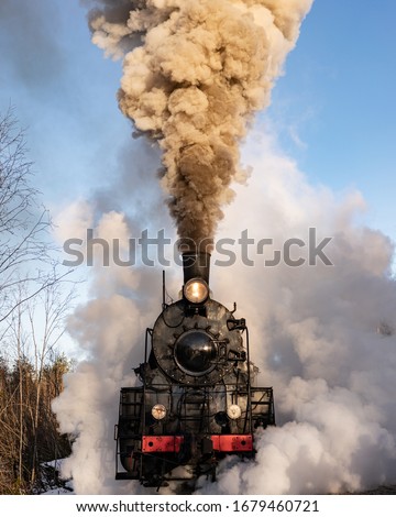 Old vintage steam train on the rail road. Steam, smoke covering the train. Retro steam train departs from the railway station  Royalty-Free Stock Photo #1679460721