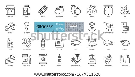 Vector set of 29 grocery icons with editable stroke. Images of the departments of the grocery store, online sales, geo delivery, consumer basket, dairy and meat products, bread, vegetables, fruits Royalty-Free Stock Photo #1679511520