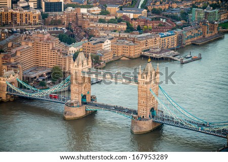 Aerial view of Tower Bridge. London colors at dusk.