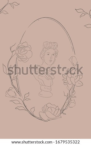 line drawing vector oval Floral Frame with hand drawn Jasmine Flowers, plants, branches, herbs and Venus Plaster Bust. Botanical illustration. Leaf logo. Wedding invitation Royalty-Free Stock Photo #1679535322