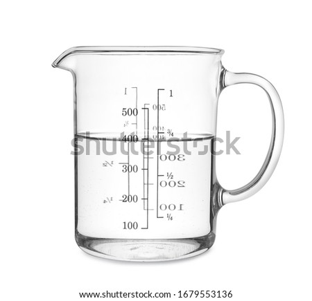 Measuring cup with clear water isolated on white Royalty-Free Stock Photo #1679553136