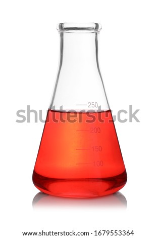 Conical flask with red sample isolated on white