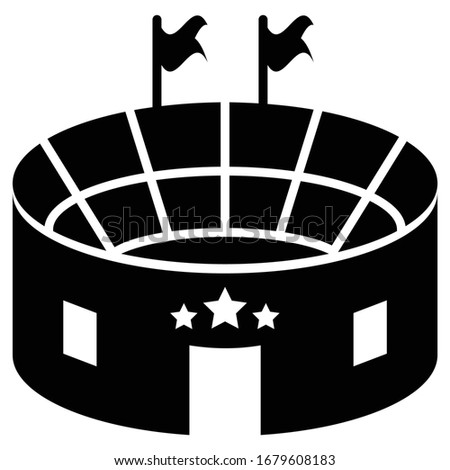 Stadium Building Top view with Flags, Sports Complex with Enterance on White background, events venue with stage and stars Design Vector Icon design