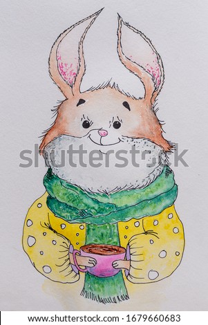 Drawing watercolor rabbit holds a cup. Rabbit in a green scarf and a yellow pea print blouse. Watercolor sketch. Illustration for gift card.