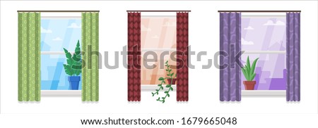 collection of vector Illustrations in flat style with indoor windows with green houseplants on windowsill Isolated on white backdrop. colorful Set of textile blinders, green, red and violet Curtains